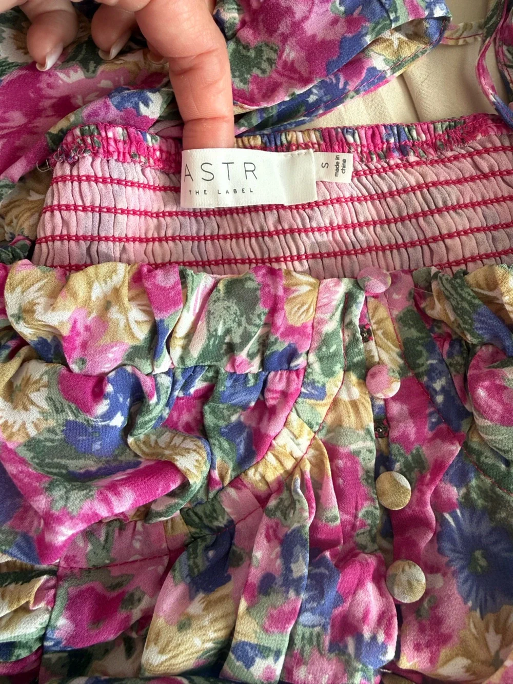 Astr Pink & Blue Floral Puff-Sleeve Peplum Top